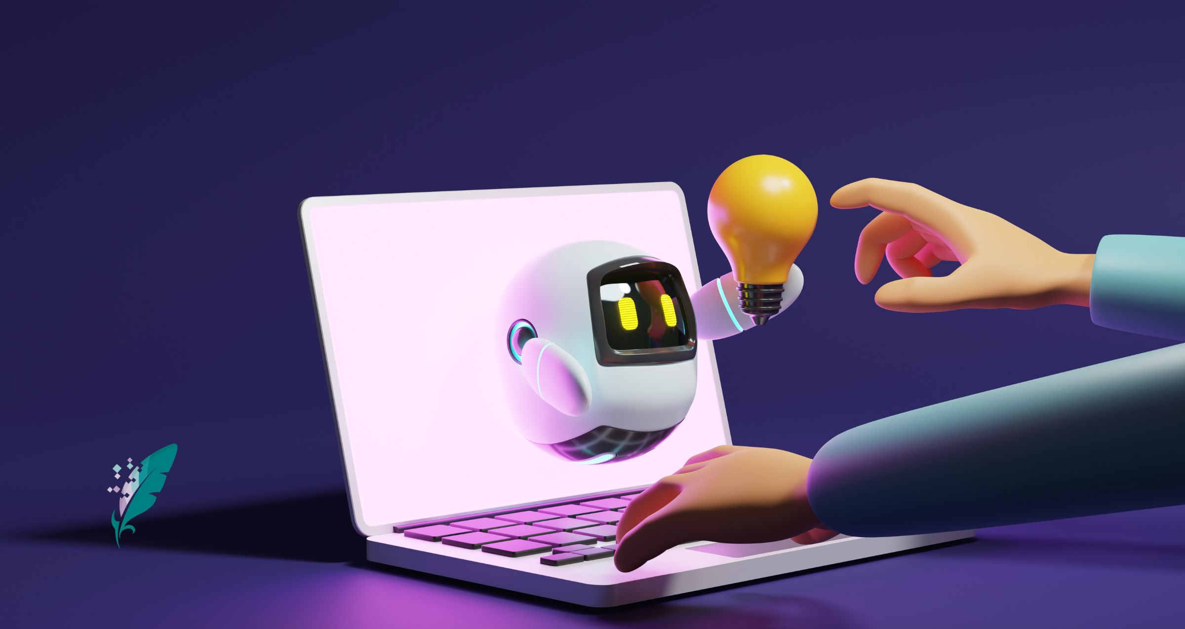 Laptop with a robot popping out of the screen, handing the user a lightbulb (idea).