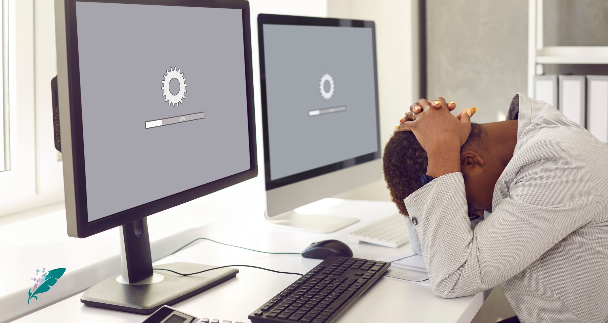 Man frustrated while slow website loads on computer screen
